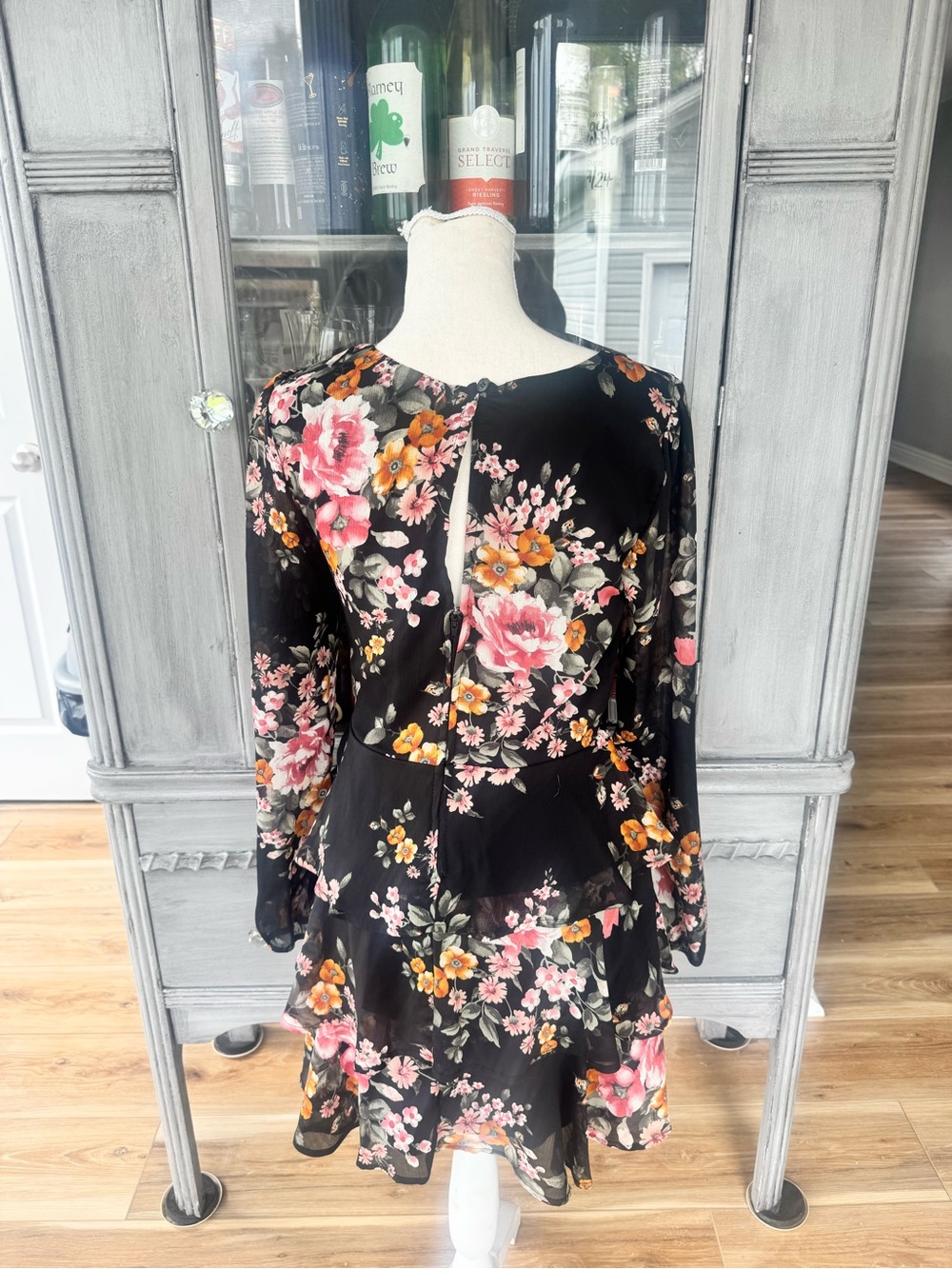 Trixxi Black Floral Long-Sleeve Fit & Flare Dress with Pink and Orange Blooms - Picture 3 of 4